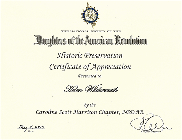 DAR Historic Preservation Certificate of Appreciation